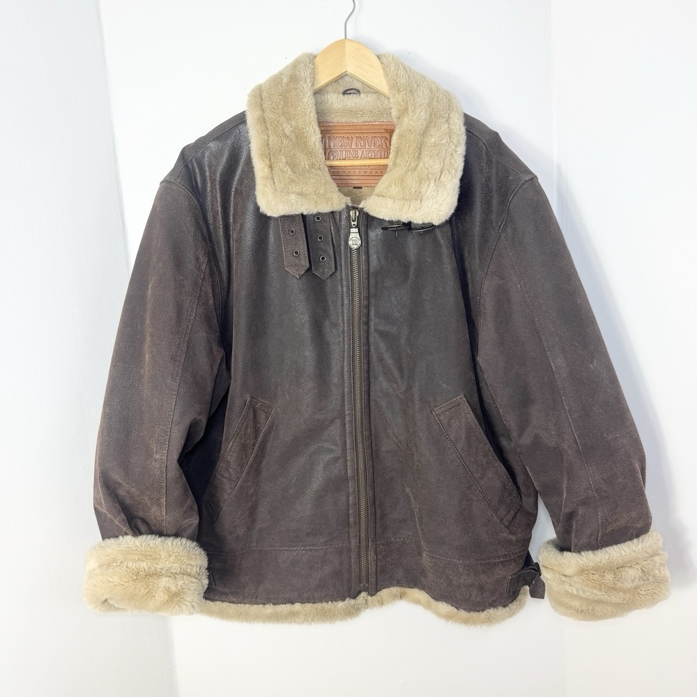 Vintage Brown Leather B-3 Aviator Bomber Jacket Mens L 90s Faux Shearling Flight
